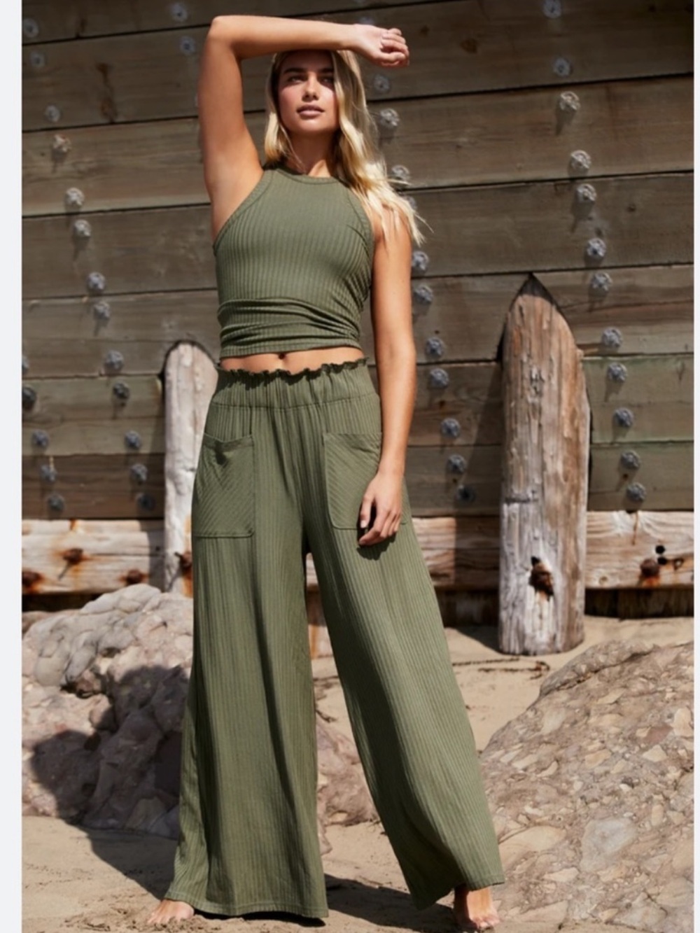 Free People Olive Green Wide Leg Ribbed Pants